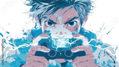 Close-up illustration of a young man intensely focused on a video game controller, surrounded by stylized splashes and light effects