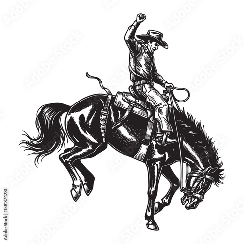 Cowboy Riding a Bucking Bronco Horse Rodeo engraving vector illustration