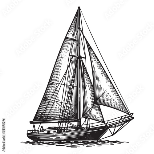Vintage Sailboat Hand Drawn Engraving Illustration