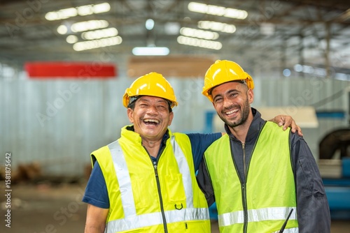 Konstfotografi Two happy factory workers wearing hard hats and safety vests standing with arms crossed