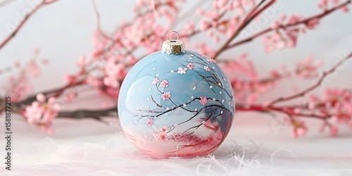 Blue and Pink Floral-Patterned Ornament with Cherry Blossoms

