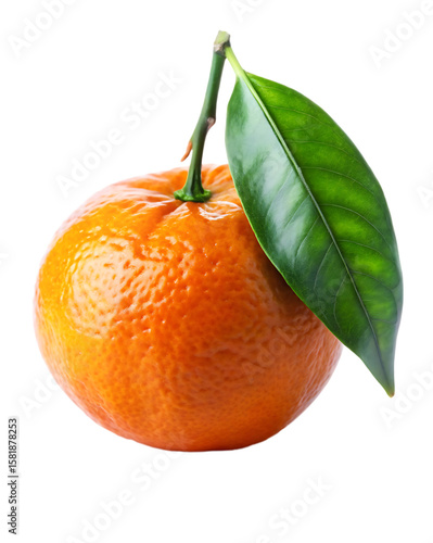 Close up of a single ripe mandarin orange with a green leaf and stem against a black background citrus fruit