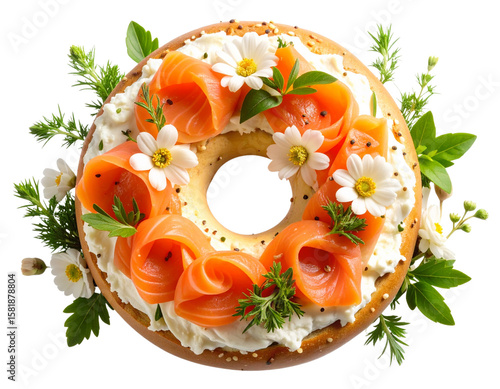 Gourmet Smoked Salmon Bagel Breakfast with Cream Cheese and Floral Accents, Top View PNG
