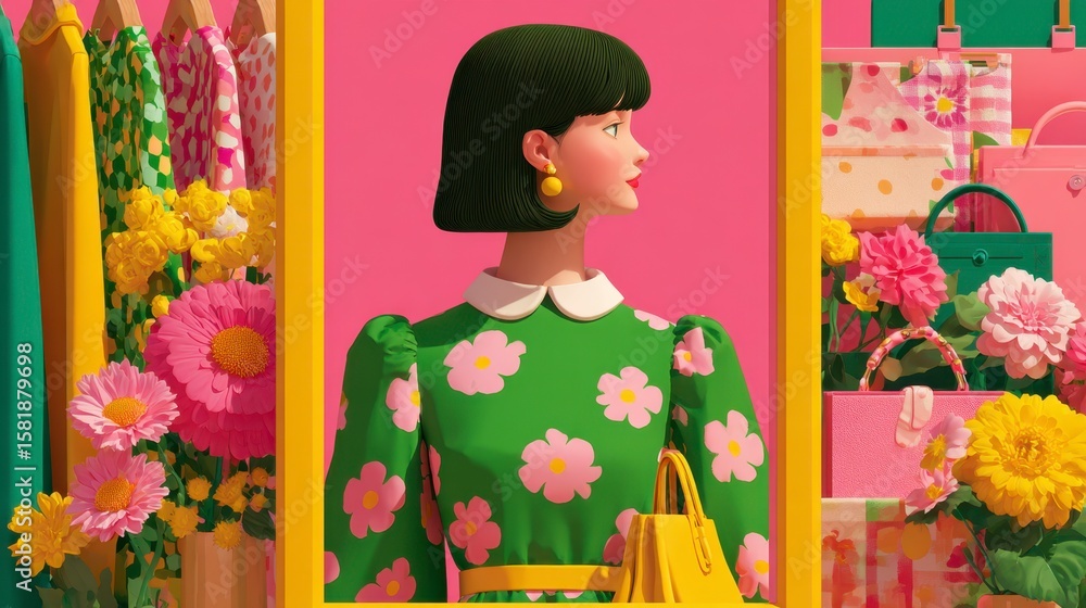 Fototapeta premium Woman Wearing Floral Dress In Colorful Shop