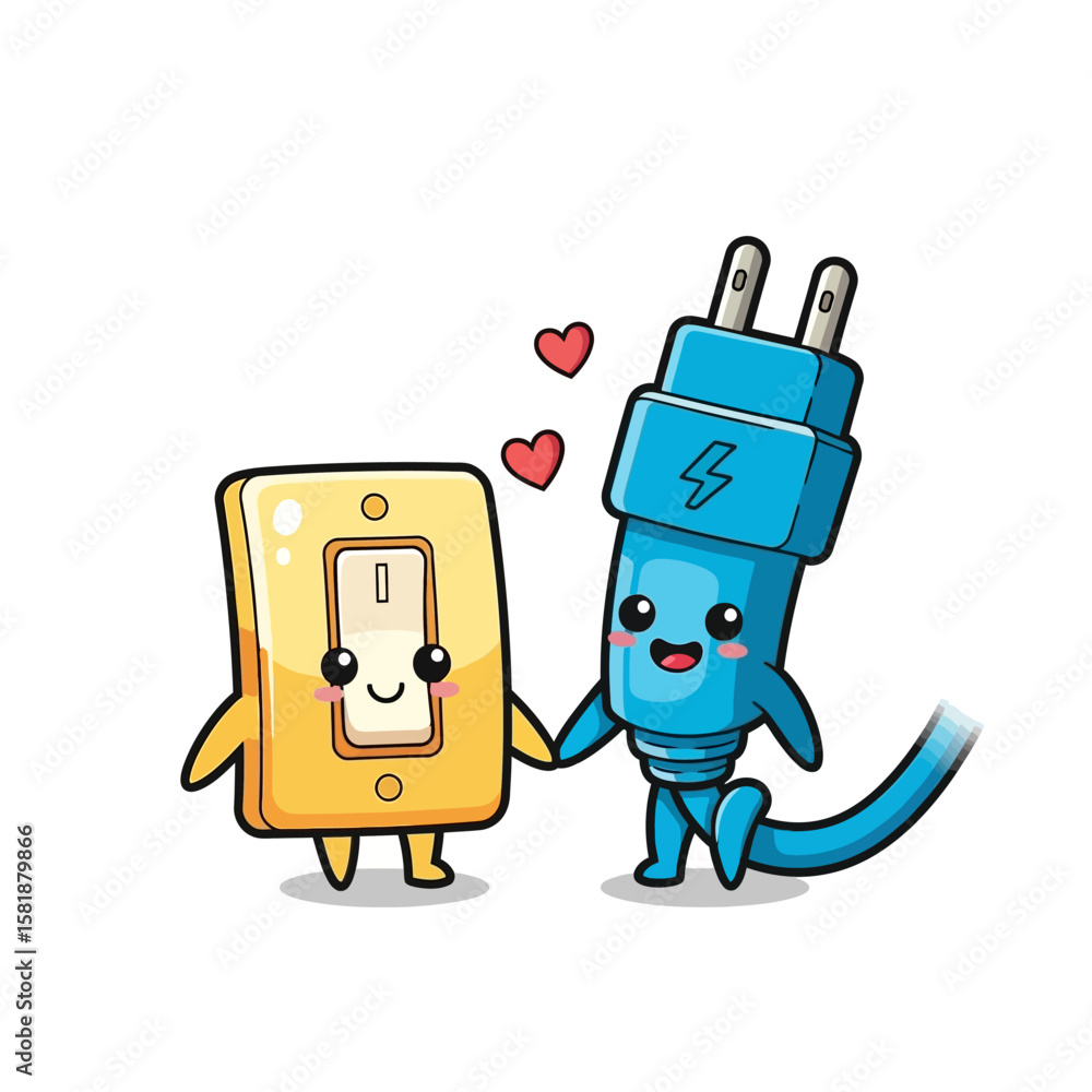 Adorable Electrical Switch and Plug Characters Holding Hands with Hearts.