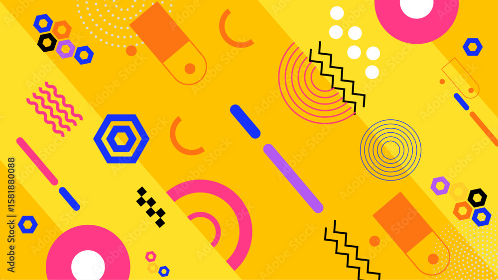 Fototapeta premium Yellow background with vibrant geometric shapes, suitable for graphic design projects, presentations, and bright, modern visual concepts.