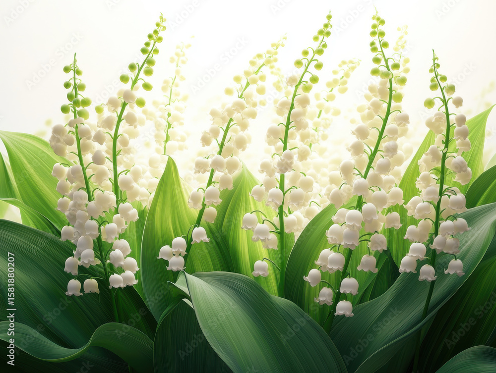 Obraz premium Lily of valley flowers with delicate white bell shaped blooms and lush green leaves create serene and elegant scene. soft lighting enhances their natural beauty
