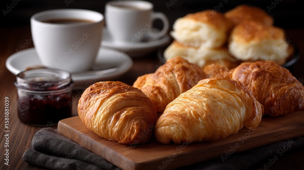 French croissants and pain au chocolat on a rustic bakery counter with coffee and jam. French croissants and pain au chocolat on a rustic bakery counter with coffee and jam.