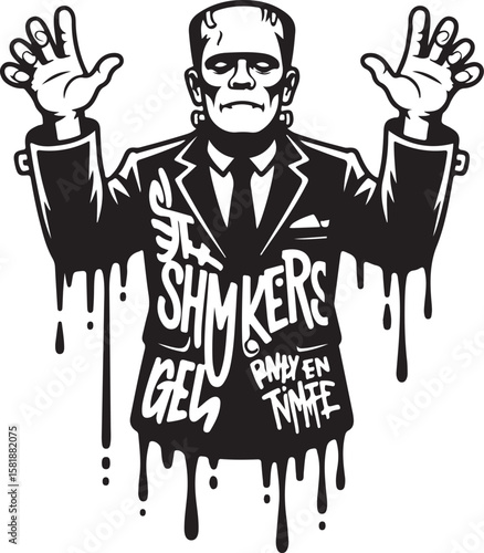 Frankenstein Monster Silhouette with Dripping Text Vector Illustration