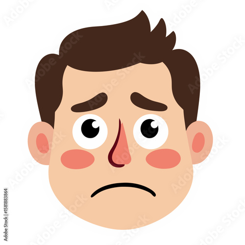 Cartoon Illustration of a Sad-Faced Man with Downcast Eyes and Blush.