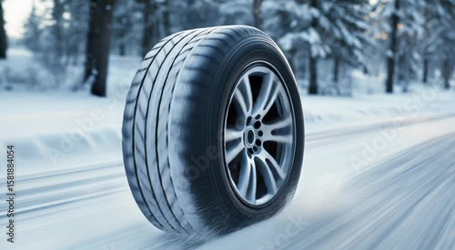 High Performance Winter Tire Rolling Snow Covered Road Cinematic 4 K Footage Alloy Wheel Snowdrift