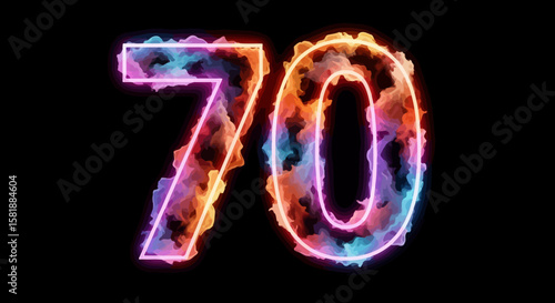 Number Seventy Glowing with Colorful Energy on Black Background