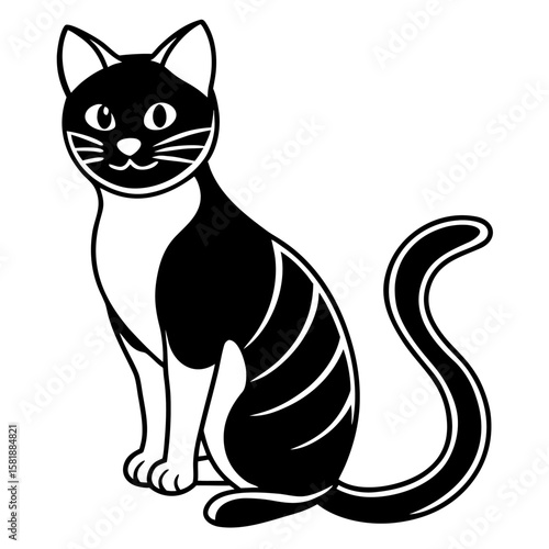 Elegant black silhouette of a sitting cat with its tail wrapped around its body isolated on white background