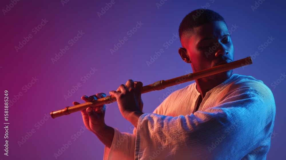 Fototapeta premium Man Playing Flute Under Dramatic Pink and Purple Studio Lighting