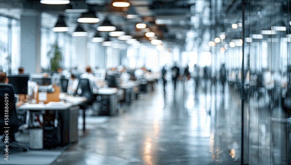 Fototapeta premium Blurred office interior background with a blurred door and glass wall, blurry bokeh light effect for a business concept design. High-quality photo, taken with a telephoto lens in realistic daylight.