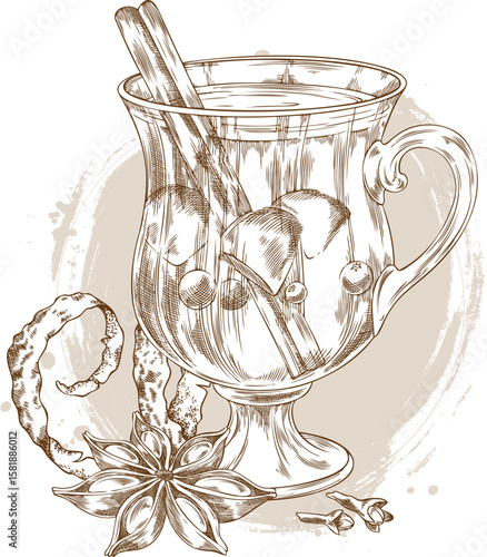 Glass of mulled wine with apples, berries and cinnamon sticks vector ink sketch, hot drink with orange peel and anise
