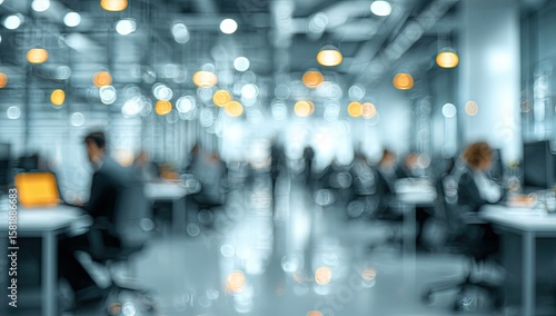 Blurred office interior background with a blurred door and glass wall, blurry bokeh light effect for a business concept design. High-quality photo, taken with a telephoto lens in realistic daylight.