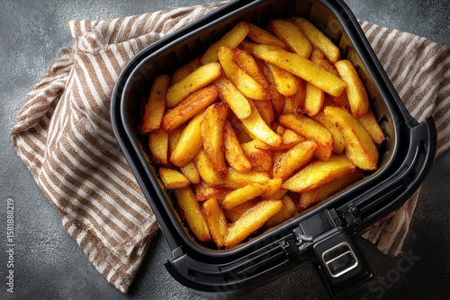 Crispy Golden Potato Wedges in Air Fryer Basket on Grey Background with Striped Towel