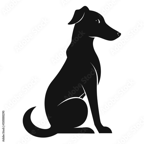 Simple silhouette of a sitting dog with floppy ears isolated on white background