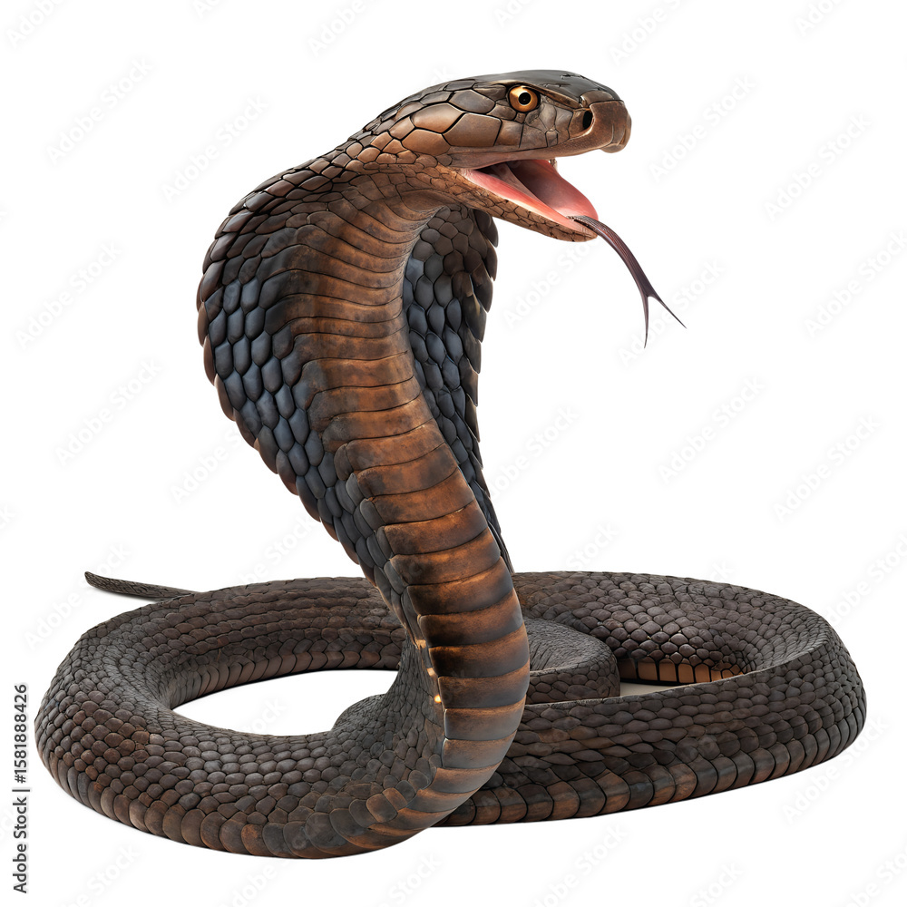Fototapeta premium King cobra ready to strike with open mouth and forked tongue isolated on transparent background