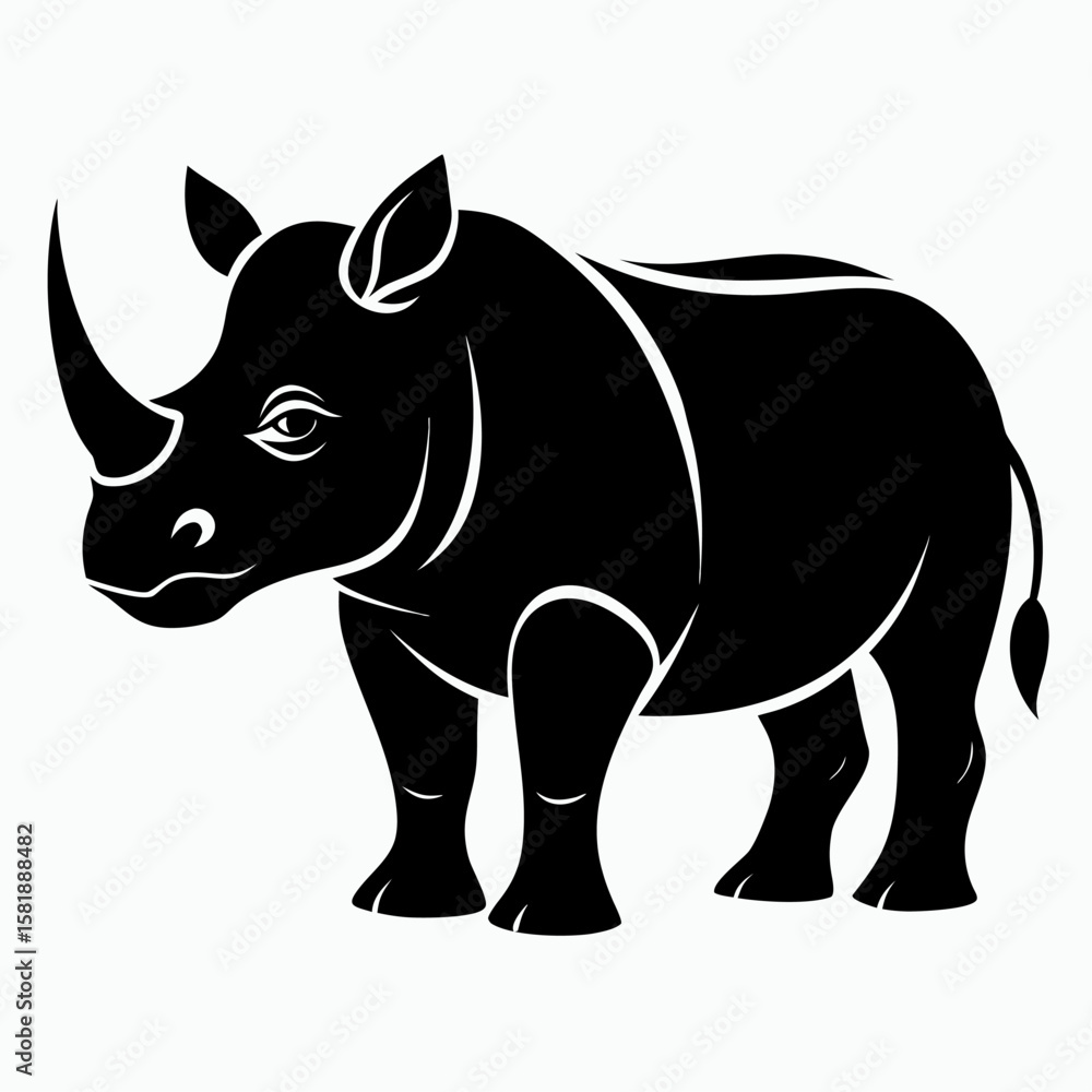 Fototapeta premium Black rhinoceros silhouette in profile showcasing its distinctive head and horn isolated on white background