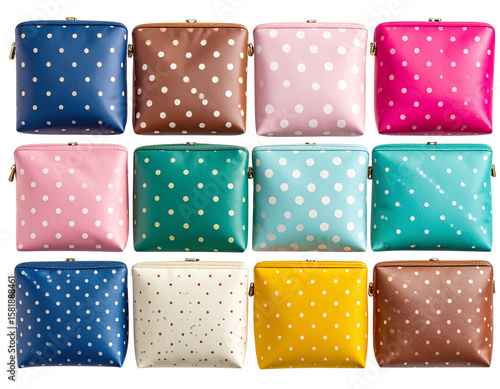  Top View of Assorted Cosmetic Bags and Pouches in Stylish Designs, Isolated on Transparent PNG