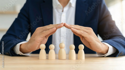 Employment labor law. Wooden figure business suit protection hand gesture employment labor law workplace concept