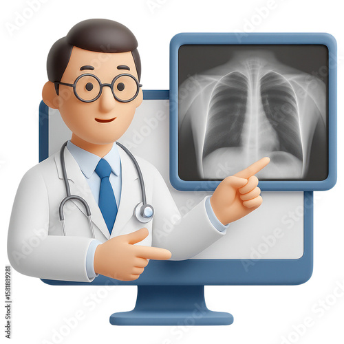 Online Consultation 3D Cartoon Doctor Explaining Chest X Ray Results on Computer Screen