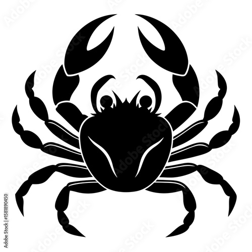 Striking black silhouette of a crab with claws raised isolated on white background
