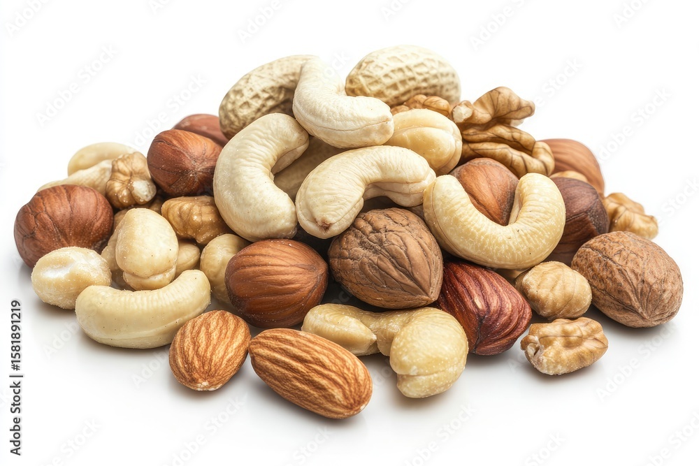 A pile of mixed nuts on white background. Various types, including cashews, almonds, walnuts, and peanuts, are visible. Close-up shot A pile of mixed nuts on white background. Various types, including cashews, almonds, walnuts, and peanuts, are visible. Close-up shot