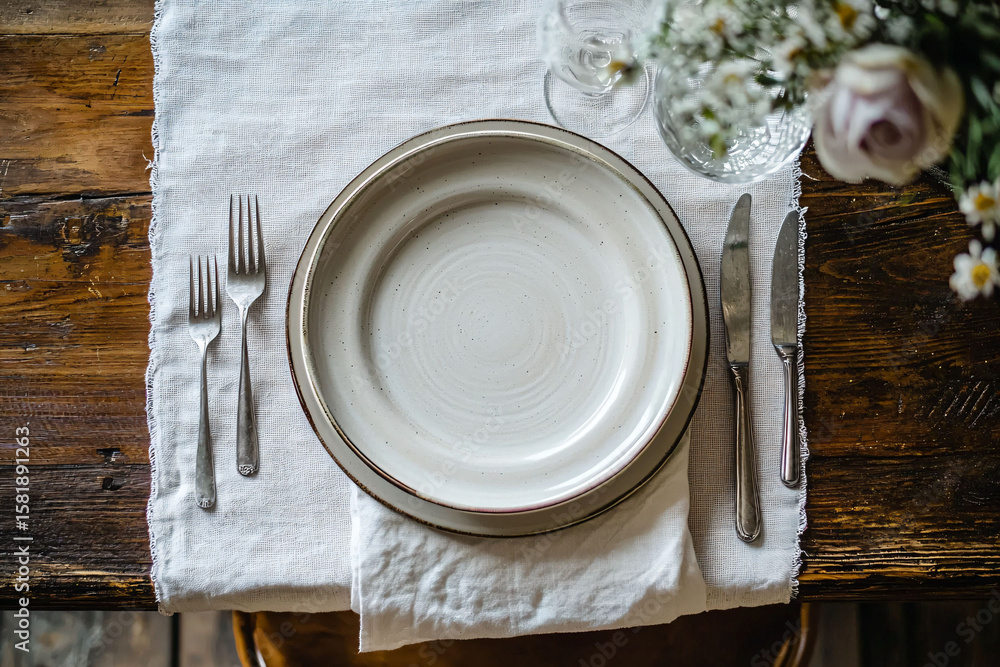 Elegant Table Setting with Empty Plate and Cutlery on Wooden Surface Elegant Table Setting with Empty Plate and Cutlery on Wooden Surface