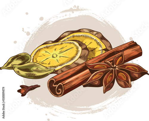 Rolled sticks of cinnamon, ginger slices, anise and clove star spices sketch vector composition, Mulled wine ingredients