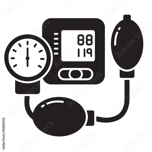 Black and white illustration of a blood pressure monitor measuring vital health information.