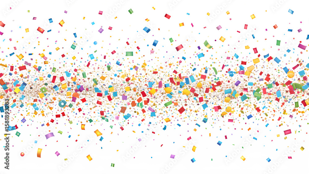 A vibrant explosion of colorful confetti falling against a clean white background, perfect for celebrations A vibrant explosion of colorful confetti falling against a clean white background, perfect for celebrations