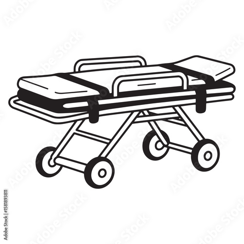 Black and white illustration of an ambulance stretcher for emergency medical transportation