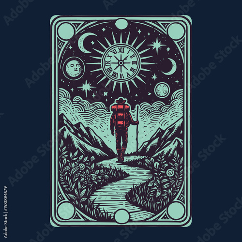 mystic trekker reaching cosmic peak in textured retro vector art