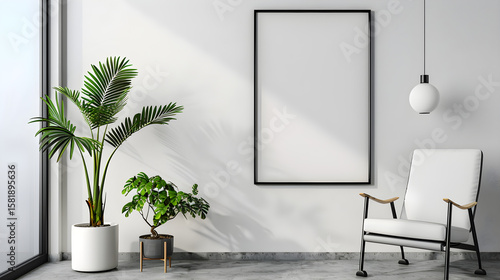Black border frame mockup with ISO A2 poster, office interior mockup with ergonomic chair and potted plant, soft daylight, modern styling with wall-mounted frame, 3D render