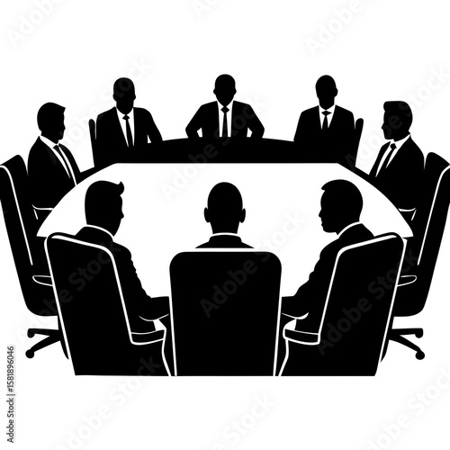 A group of business professionals in suits sit around a conference table for a meeting,silhouette