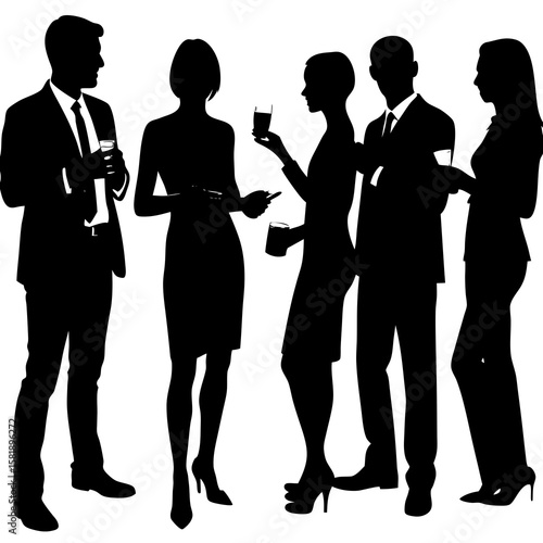 A diverse group of business professionals in silhouette, socializing and holding drinks at an event