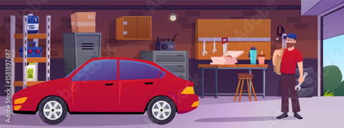 Garage interior with car, man with beard and wrench, table, tools, cabinet, shelves, boxes.