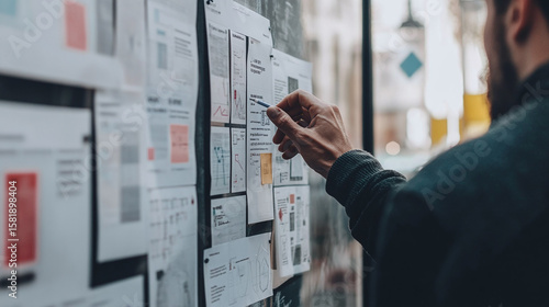 A close-up of a user journey map pinned on a design wall