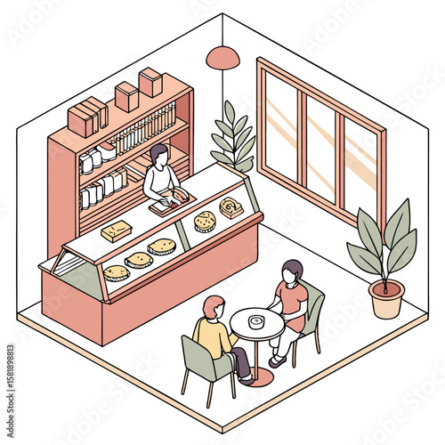 Isometric view of a bakery with a display case, shelves, customers, table, chairs, and a window inside