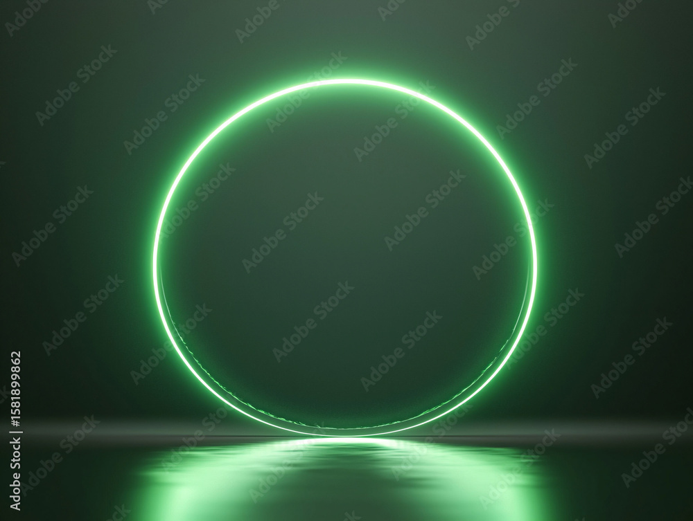Obraz premium Neon Green Circle with Reflection on Dark Background in Studio Setting