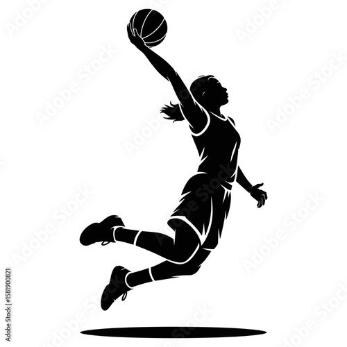 Female Basketball Player Slam Dunking - Black and White Vector Silhouette of an Athlete in Action