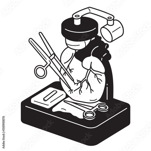 Medical illustration featuring a heart surgery procedure with surgical instruments and equipment