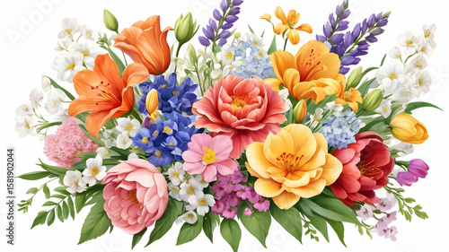 Delicate watercolor illustration of spring peonies and roses with lush green leaves, artistically painted in soft pastel tones and isolated on white background