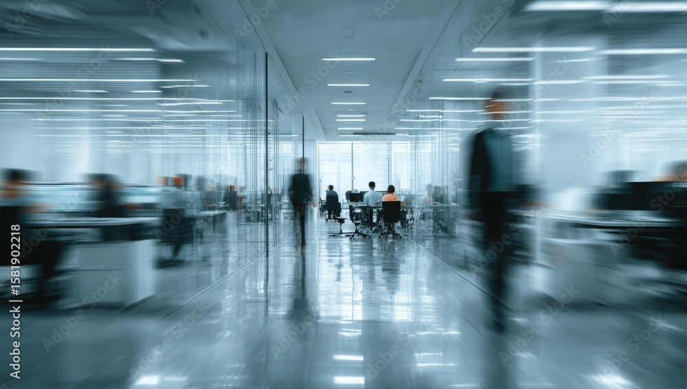 Fototapeta premium Blurred office interior background with a blurred door and glass wall, blurry bokeh light effect for a business concept design. High-quality photo, taken with a telephoto lens in realistic daylight.