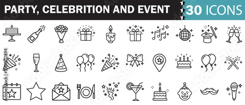 Party, celebration and event planning editable stroke outline icons set isolated on white background flat vector illustration. Pixel perfect.
