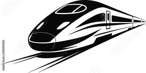 Modern high speed train traveling on tracks silhouette isolated on white background