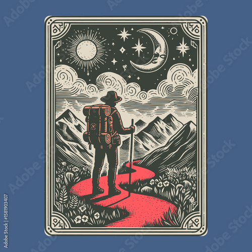 cosmic summit awaits the trekker in faded vintage vector design
